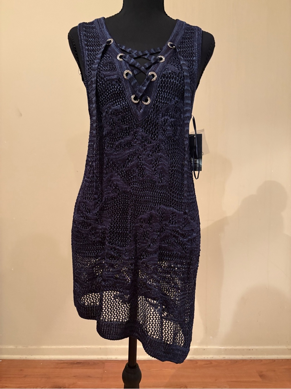 INC International Concepts Navy Lace-Up Crochet Swim Cover-Up